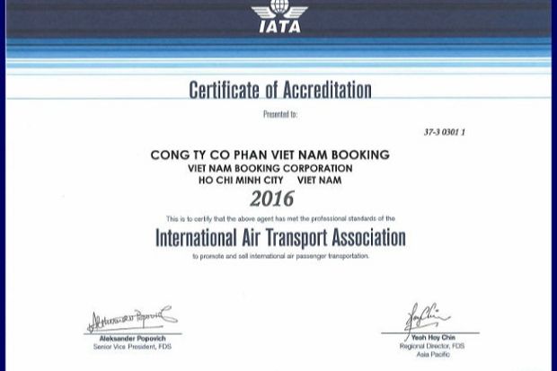 Chứng nhận đại lý du lịch đạt chuẩn IATA cấp cho Công ty Cổ phần Vietnam Booking năm 2016 Chứng nhận đại lý du lịch đạt chuẩn IATA cấp cho Công ty Cổ phần Vietnam Booking năm 2016