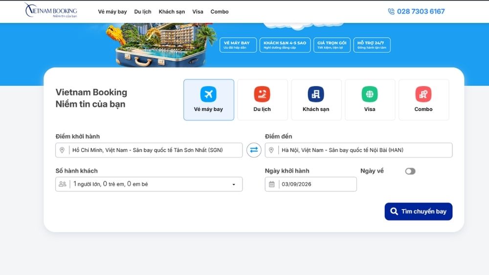 Giao diện đặt v&eacute; tr&ecirc;n website Vietnam Booking