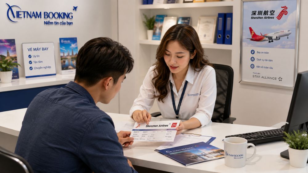 Nh&acirc;n vi&ecirc;n Vietnam Booking tư vấn đặt v&eacute; Shenzhen Airlines cho kh&aacute;ch h&agrave;ng