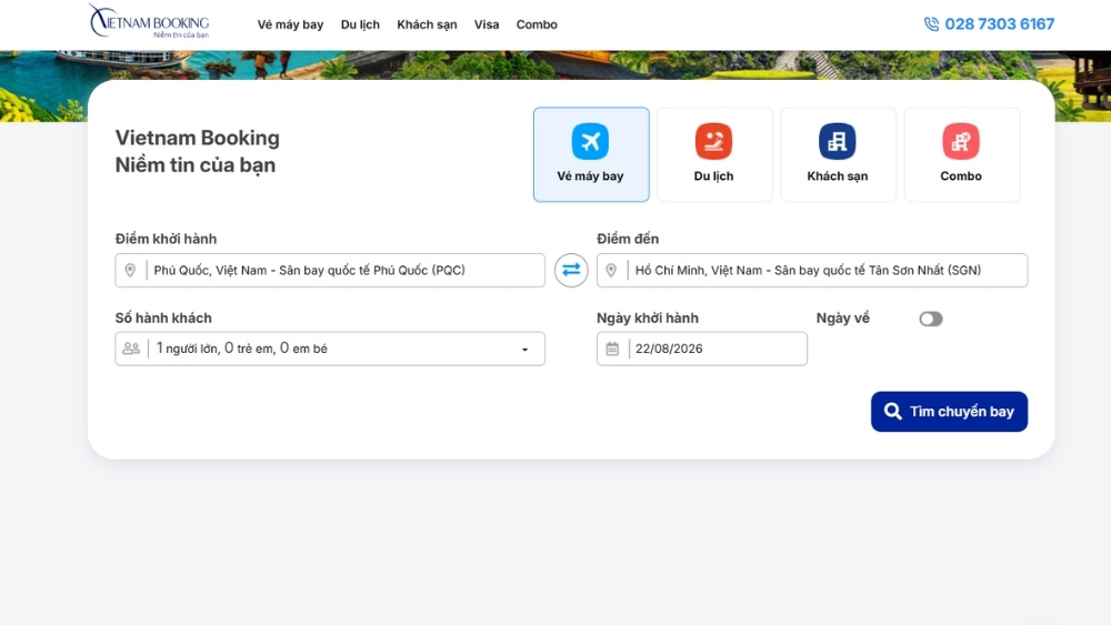 Giao diện đặt v&eacute; tr&ecirc;n website của Vietnam Booking