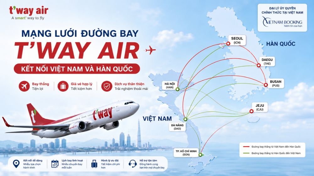 Mạng lưới đường bay T'way Air kết nối Việt Nam v&agrave; H&agrave;n Quốc