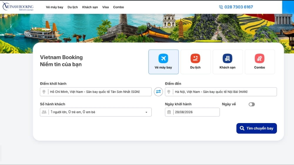Giao diện đặt v&eacute; tr&ecirc;n website Vietnam Booking