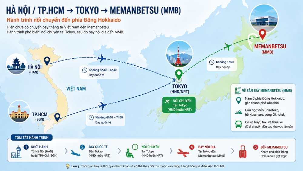 H&agrave;nh tr&igrave;nh từ Việt Nam đến Memanbetsu thường nối chuyến tại Tokyo trước khi tiếp tục bay đến MMB 