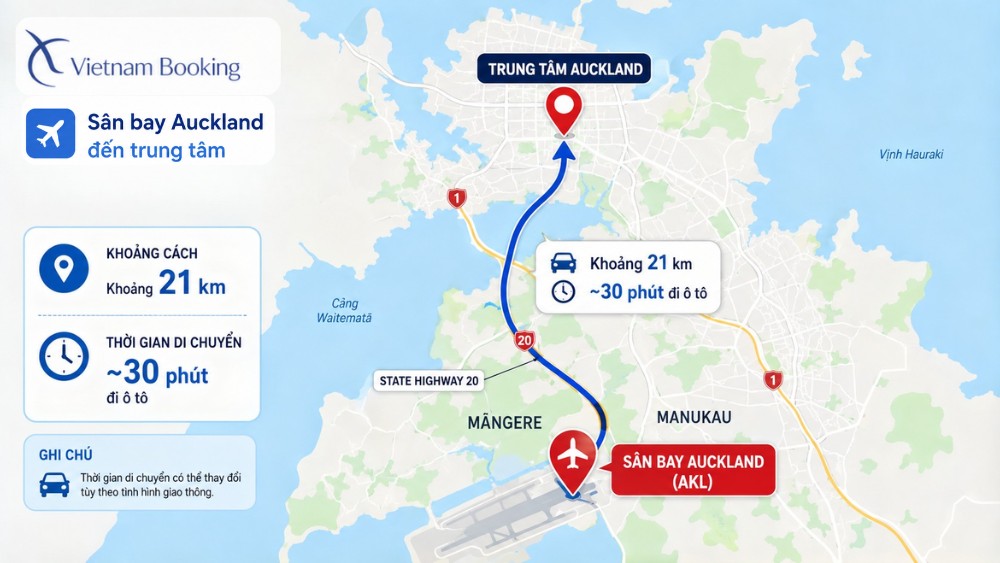 Bản đồ vị tr&iacute; s&acirc;n bay Auckland c&aacute;ch trung t&acirc;m th&agrave;nh phố khoảng 21 km
