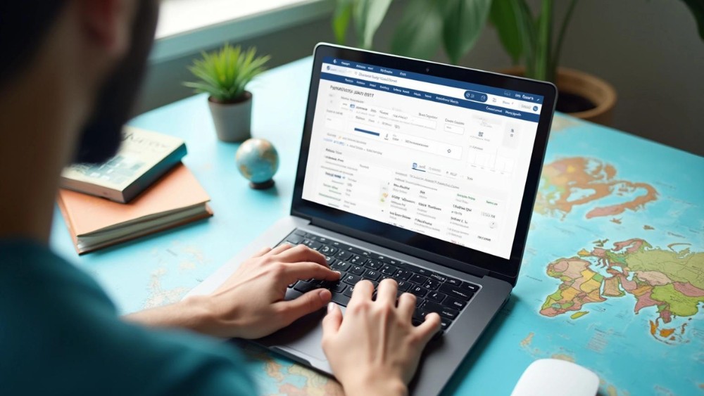 H&agrave;nh kh&aacute;ch tra cứu gi&aacute; v&eacute; m&aacute;y bay từ Việt Nam đi Auckland tr&ecirc;n laptop