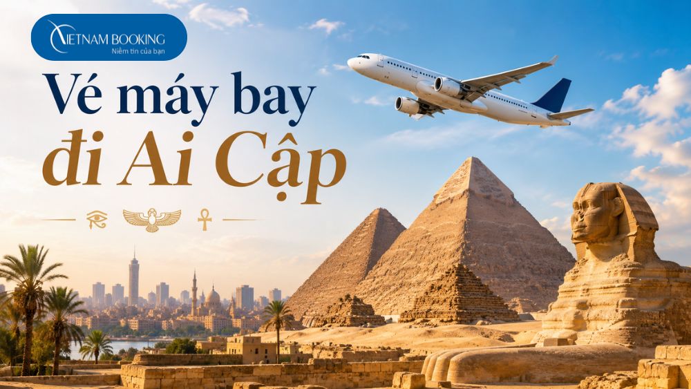 v&eacute; m&aacute;y bay đi Ai Cập với h&igrave;nh ảnh m&aacute;y bay, kim tự th&aacute;p Giza v&agrave; tượng Nh&acirc;n Sư