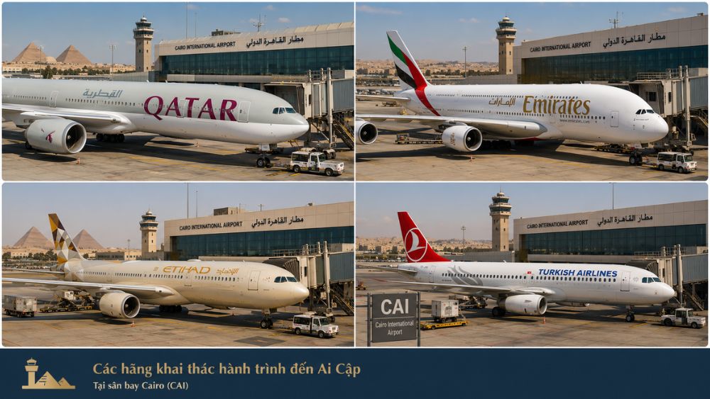 m&aacute;y bay của c&aacute;c h&atilde;ng h&agrave;ng kh&ocirc;ng khai th&aacute;c h&agrave;nh tr&igrave;nh đến Ai Cập đậu tại s&acirc;n bay Cairo