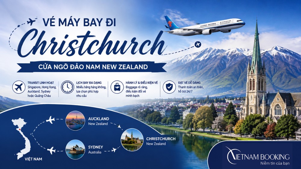V&eacute; m&aacute;y bay đi Christchurch với cảnh th&agrave;nh phố, d&atilde;y Nam Alps v&agrave; t&agrave;u TranzAlpine