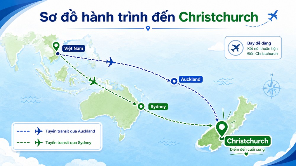h&atilde;ng bay đi Christchurch qua Auckland v&agrave; Sydney
