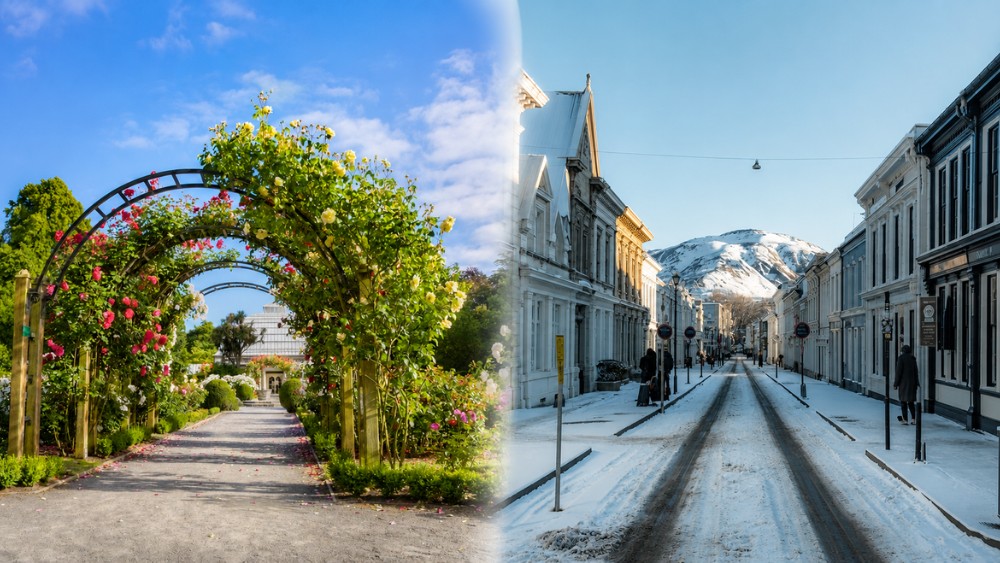Khung cảnh Christchurch xanh m&aacute;t v&agrave;o m&ugrave;a h&egrave; v&agrave; phủ tuyết v&agrave;o m&ugrave;a đ&ocirc;ng