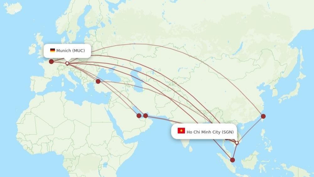 Sơ đồ h&agrave;nh tr&igrave;nh bay từ Việt Nam sang s&acirc;n bay Graz &Aacute;o qua c&aacute;c điểm transit  (Nguồn: Internet)