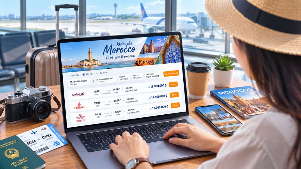 H&agrave;nh kh&aacute;ch tra cứu v&agrave; đặt v&eacute; m&aacute;y bay đi Morocco tr&ecirc;n laptop