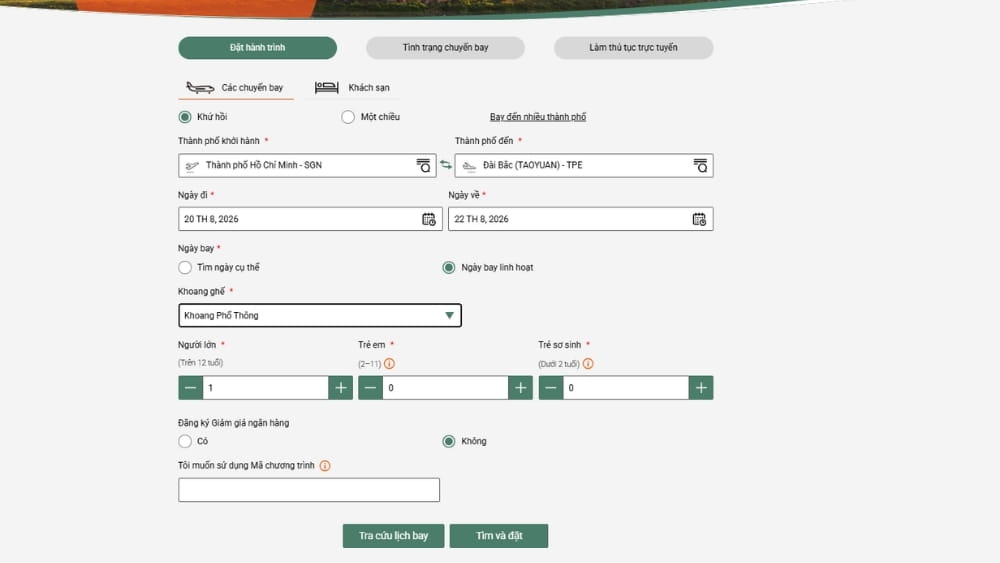 Giao diện đặt v&eacute; tr&ecirc;n website Eva Air