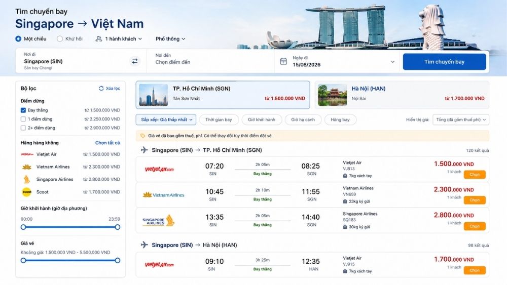 gi&aacute; v&eacute; m&aacute;y bay Singapore về Việt Nam
