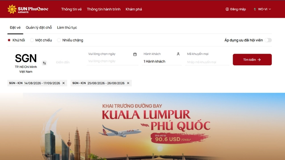 Giao diện đặt v&eacute; Sun PhuQuoc Airways tr&ecirc;n website h&atilde;ng