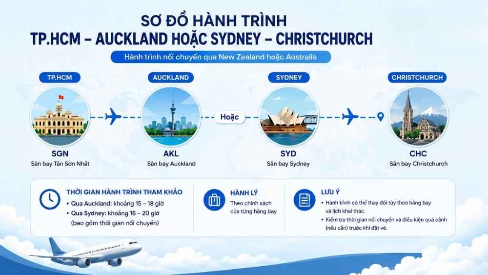 h&agrave;nh tr&igrave;nh TP.HCM đi Christchurch qua Auckland hoặc Sydney