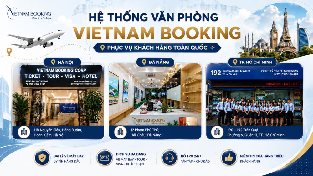 Hệ thống văn ph&ograve;ng Vietnam Booking tại H&agrave; Nội, Đ&agrave; Nẵng v&agrave; TP.HCM