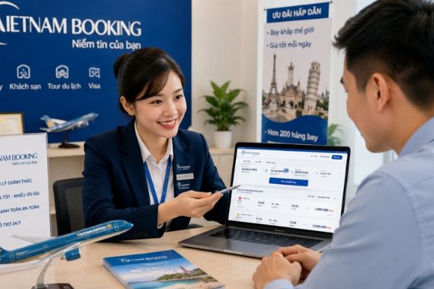 Nhân viên Vietnam Booking tư vấn và hỗ trợ khách hàng đặt vé máy bay, khách sạn và dịch vụ visa Nhân viên Vietnam Booking tư vấn và hỗ trợ khách hàng đặt vé máy bay, khách sạn và dịch vụ visa